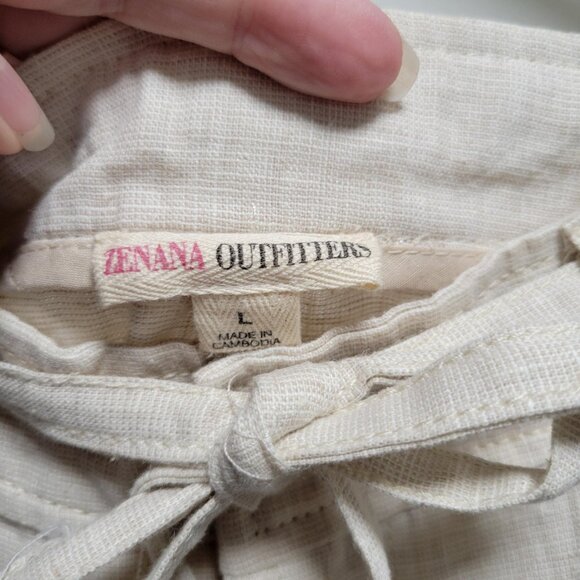 ZENANA Beige Linen Blend Wide Leg Pants Waist Drawstring Lounge Size L NWOT - Picture 6 of 7